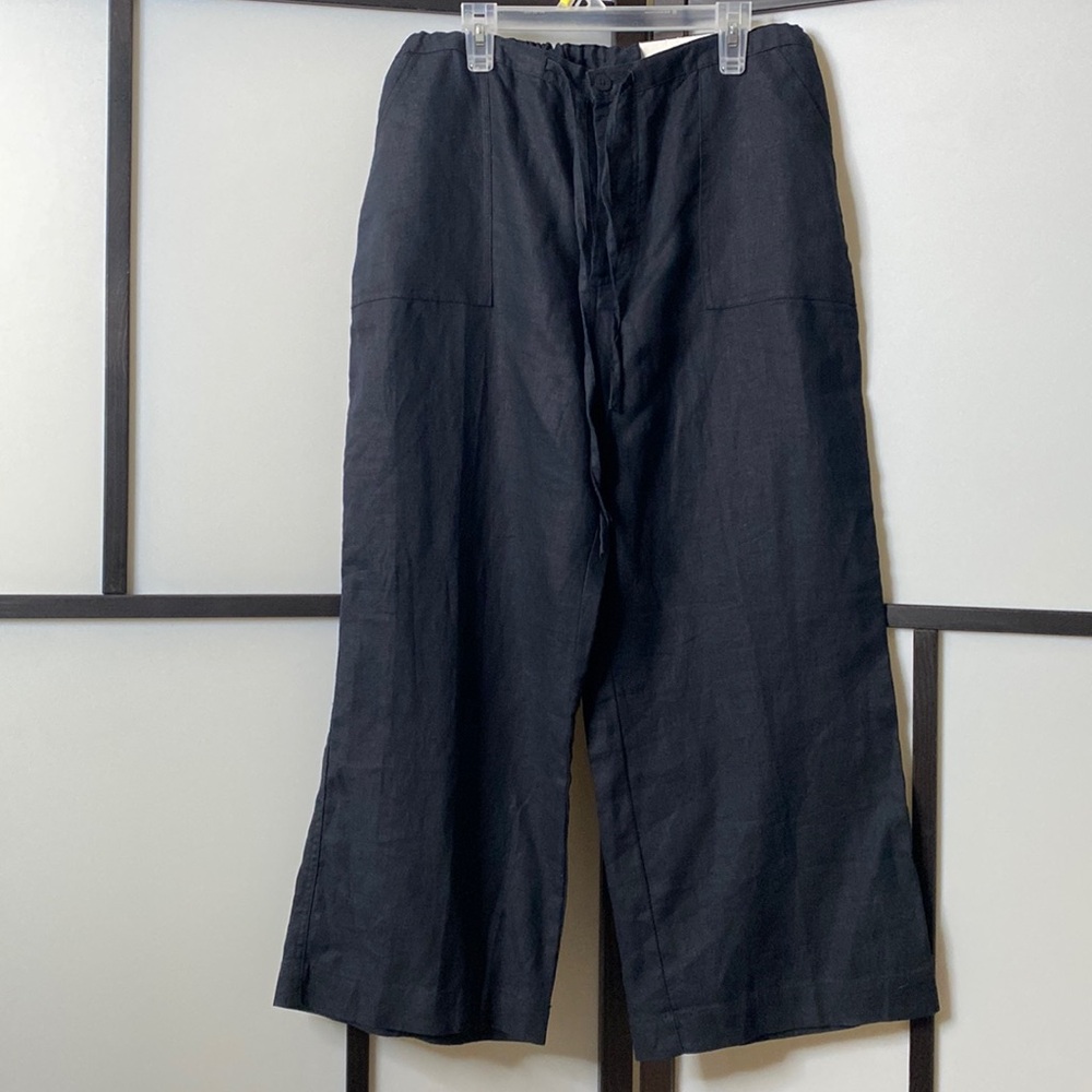 Women’s Black 💯 Linen Beach Capris Button Closure with Drawstring Waist Size 12